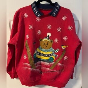 Teddy Bear Skiing Winter Holiday Collared Grannycore Sweatshirt Preppy Vintage